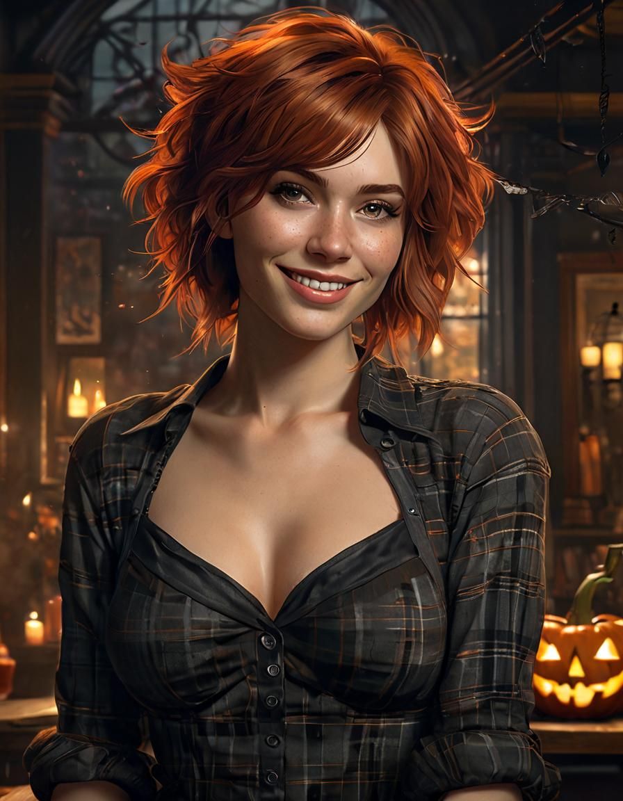 Smiling Woman in Halloween Bra, Hyperdetailed Portrait