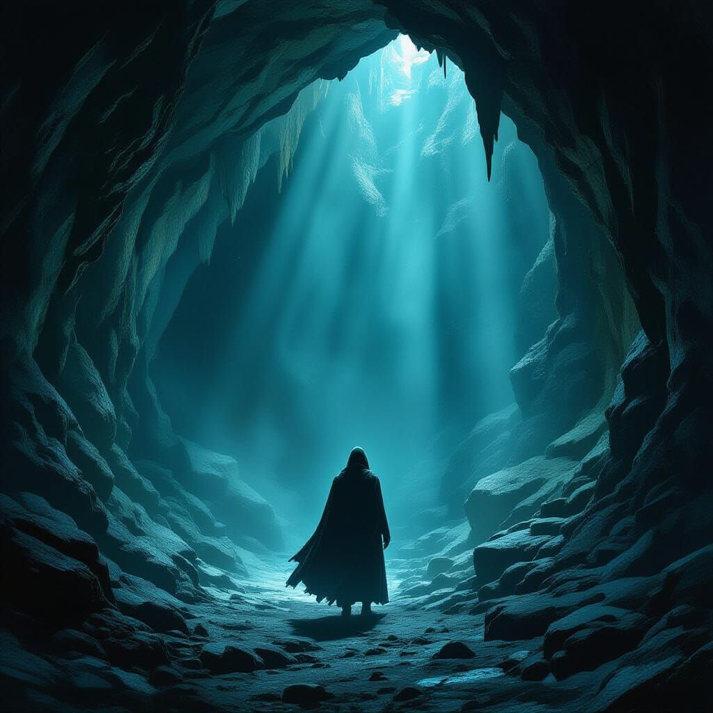 Mysterious Figure in Dimly Lit Cave as Digital Art