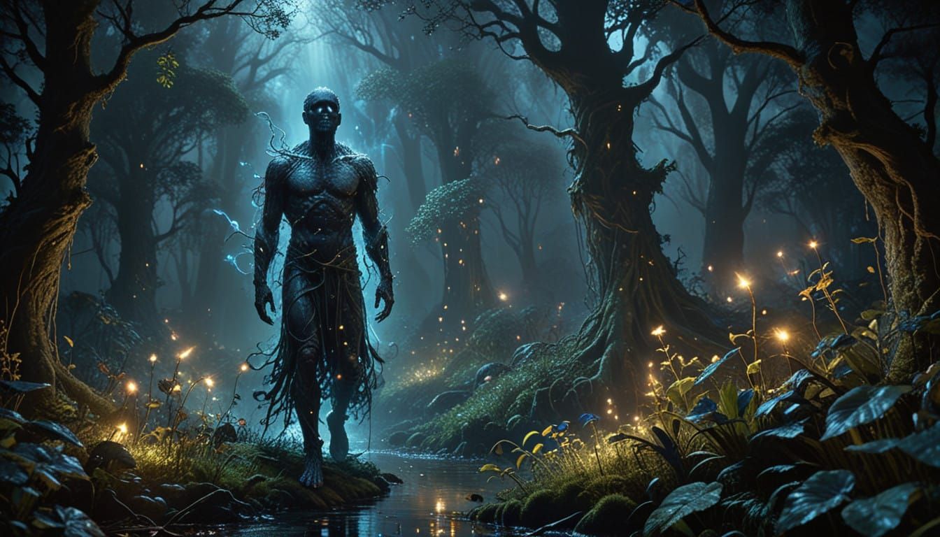 Ethereal Figure Suspended in Forest at Night