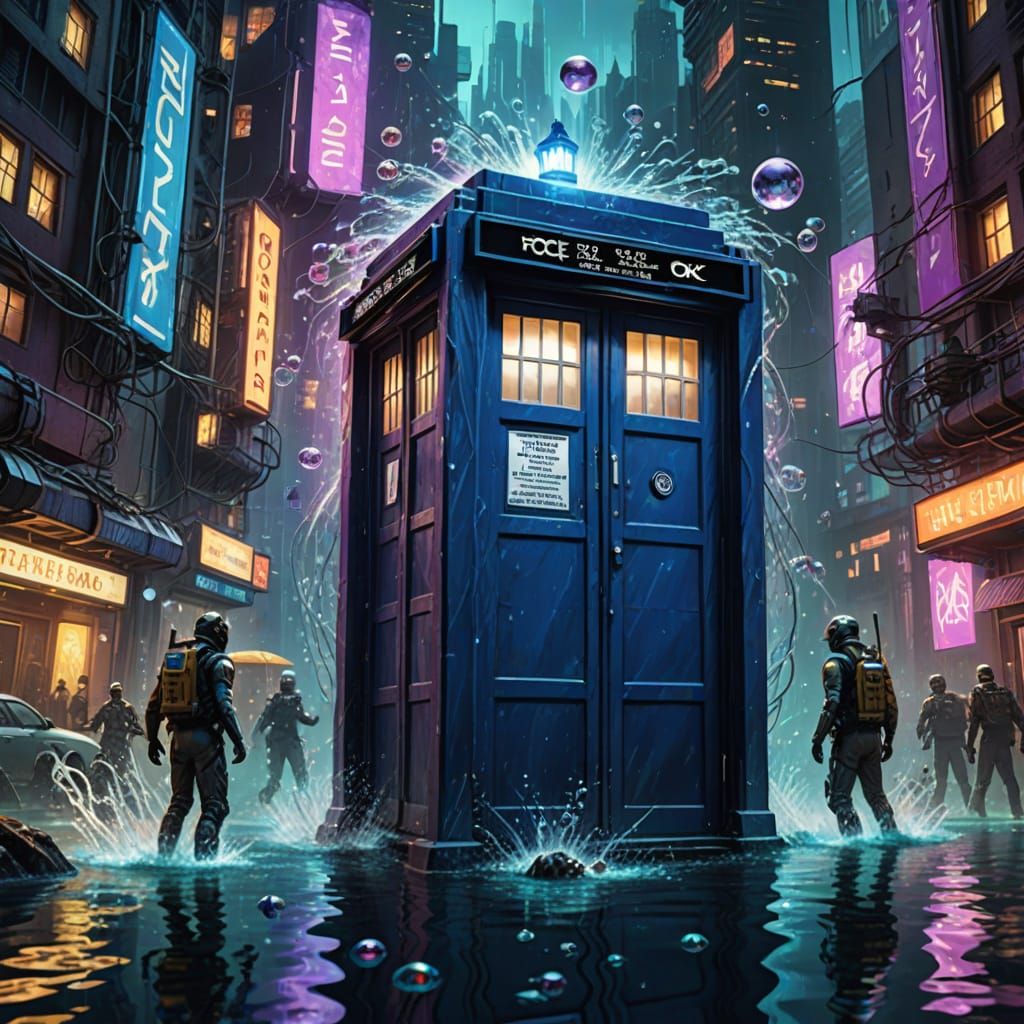 Underwater TARDIS Battle in Futuristic City Oil Painting