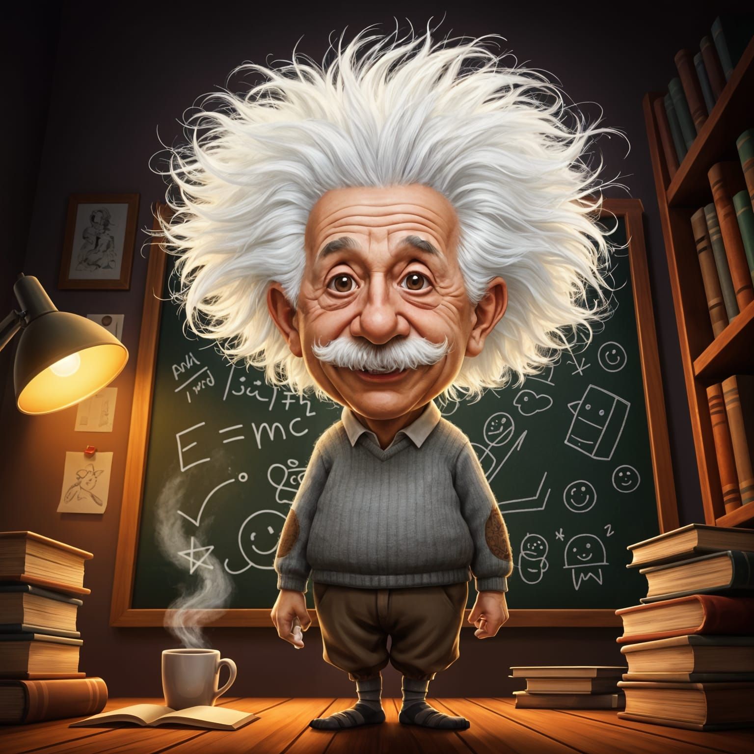 Albert Einstein Caricature with Wild Hair and Chalkboard