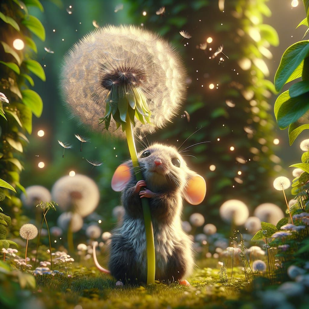 Tiny mouse holding a huge dandelion