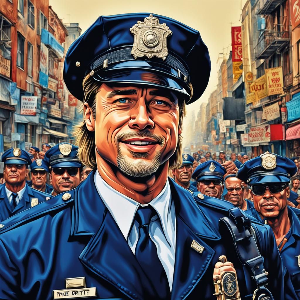 Grinning Policeman Holding Heart Key in Pop Art
