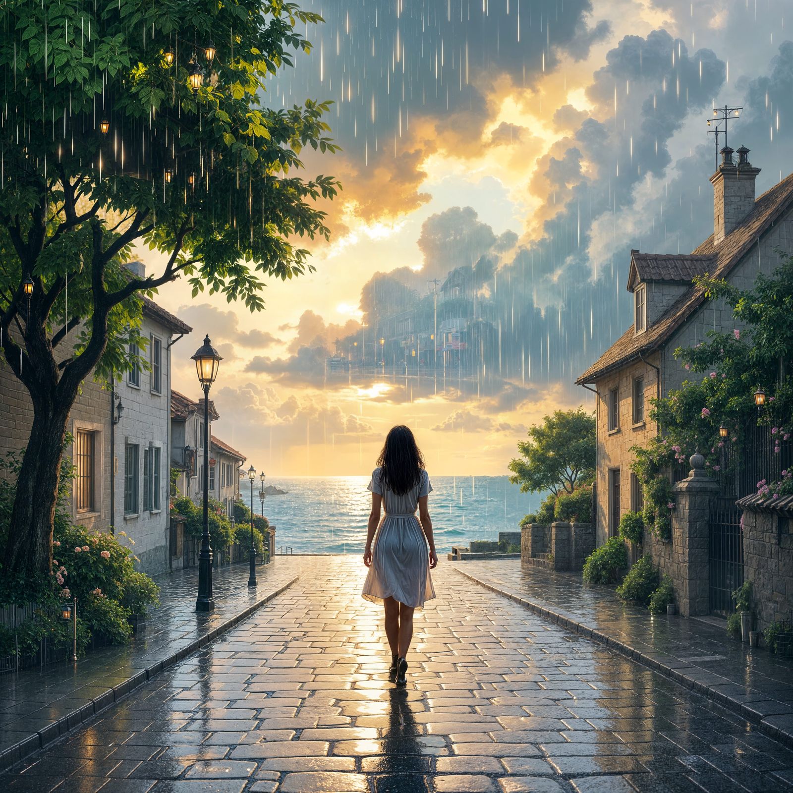 Coastal Town in Summer Rain: Detailed Matte Painting