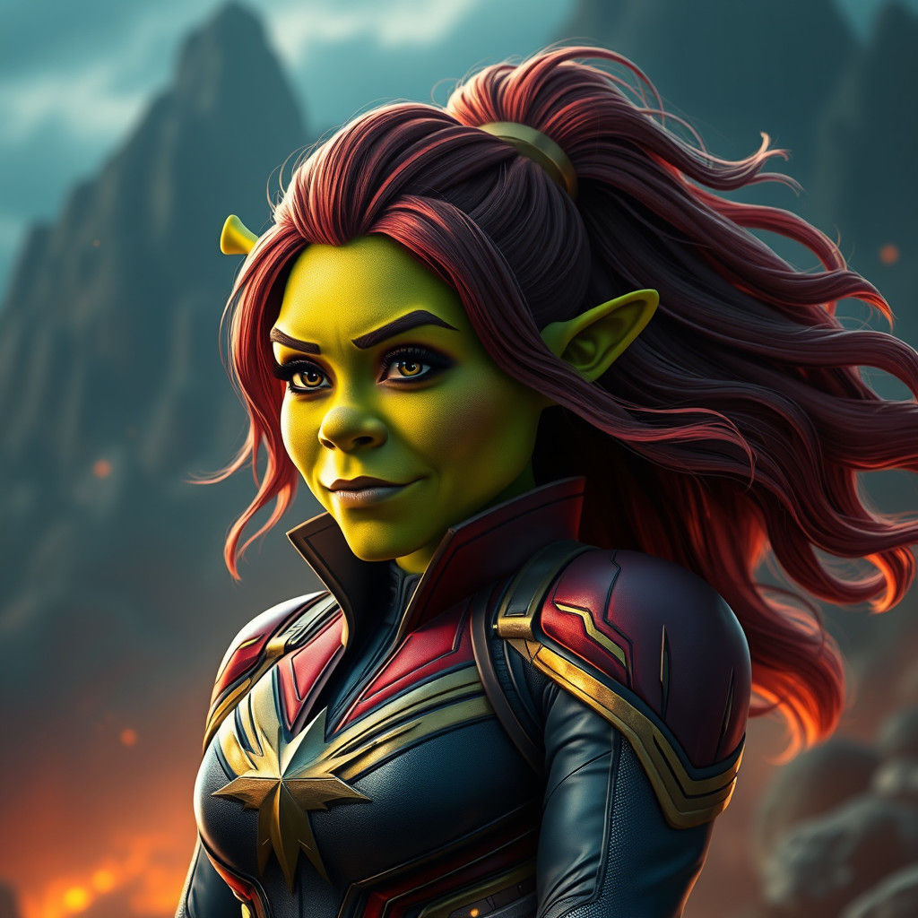 Shrek and Captain Marvel Hybrid in High-Fantasy Art