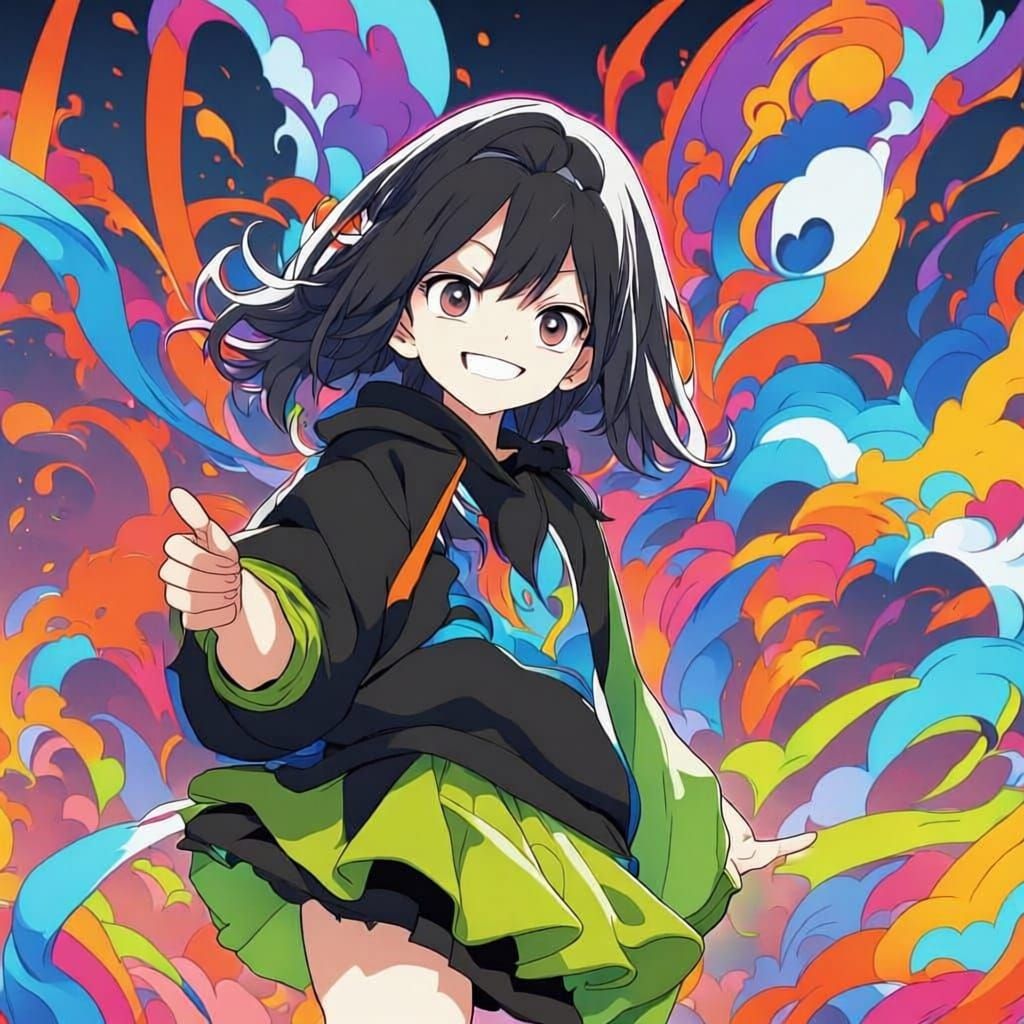 Cute Tomboy Anime Girl in Black Hoodie Smiling