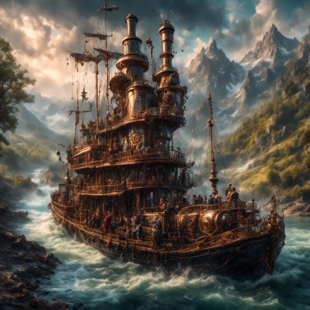 Steampunk Riverboat with Band in Oil Painting Style