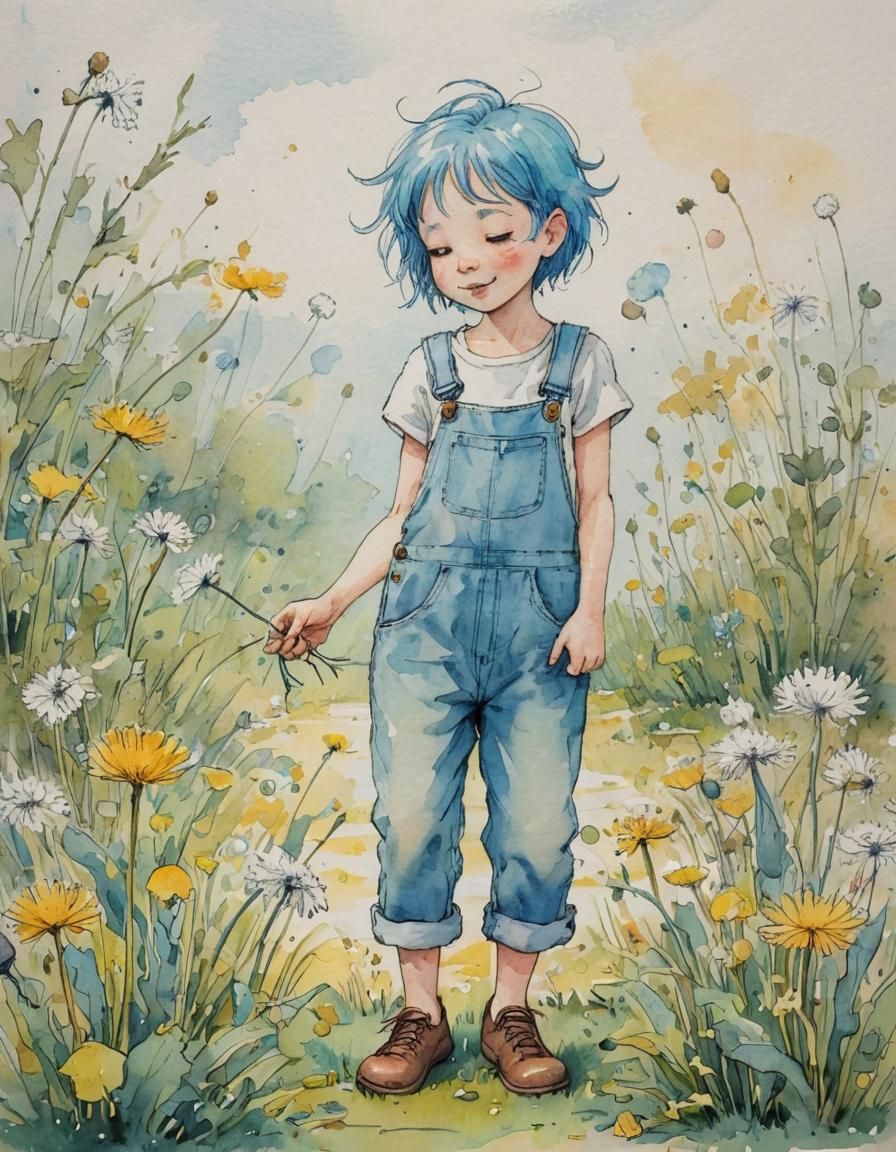 Blue-Haired Girl Picking Dandelions: Storybook Illustration