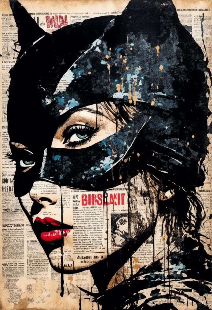 Catwoman Newspaper Portrait in Grunge Graffiti Style