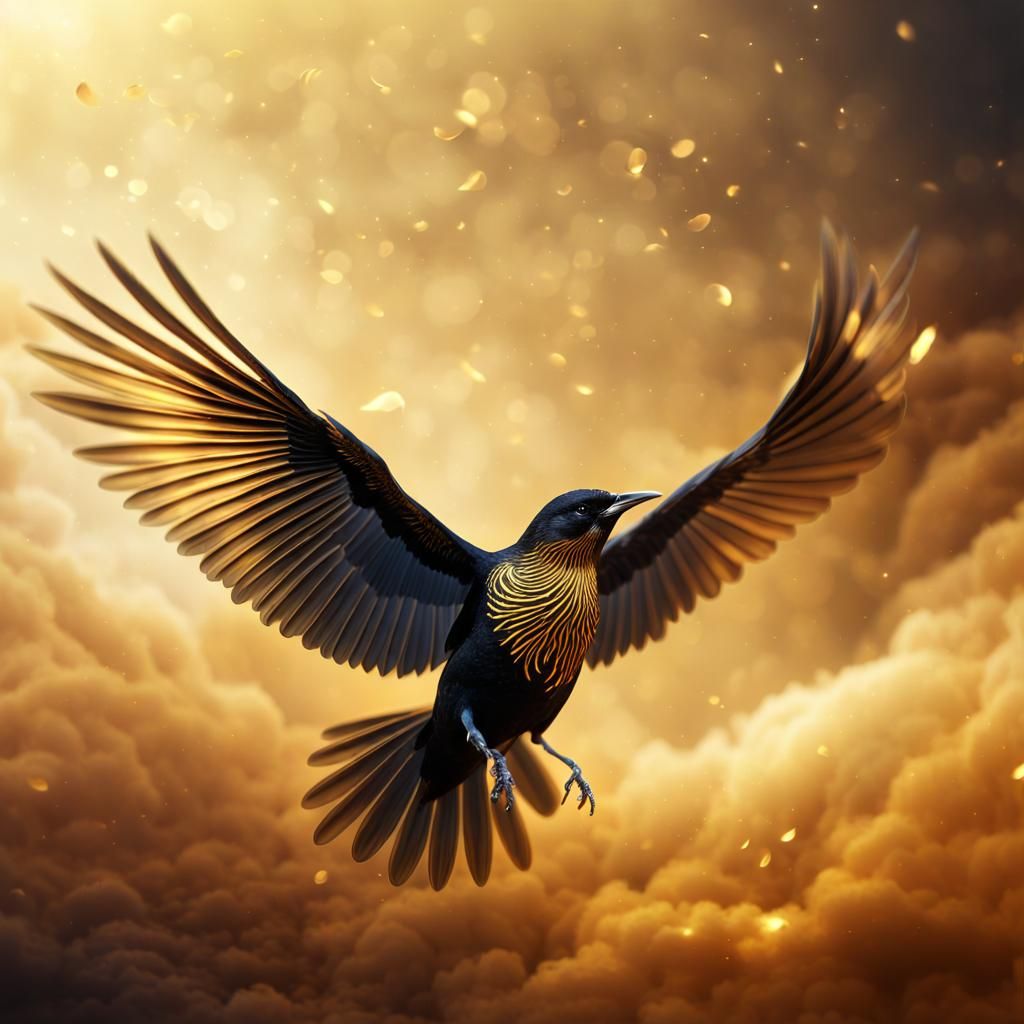 Wide shot. Black glassy bird in soaring in the sky