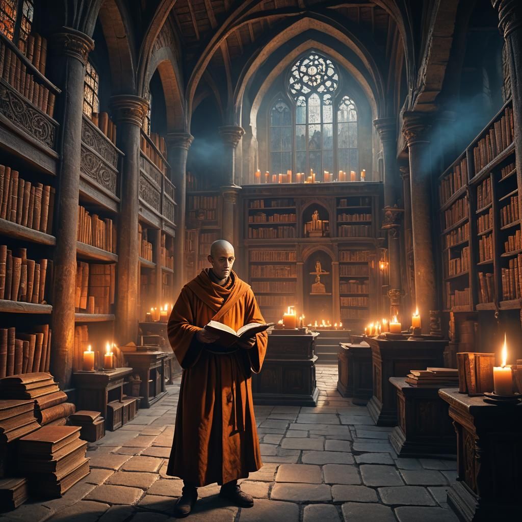 Medieval Library Illuminated in Vibrant Blue and Orange Hues