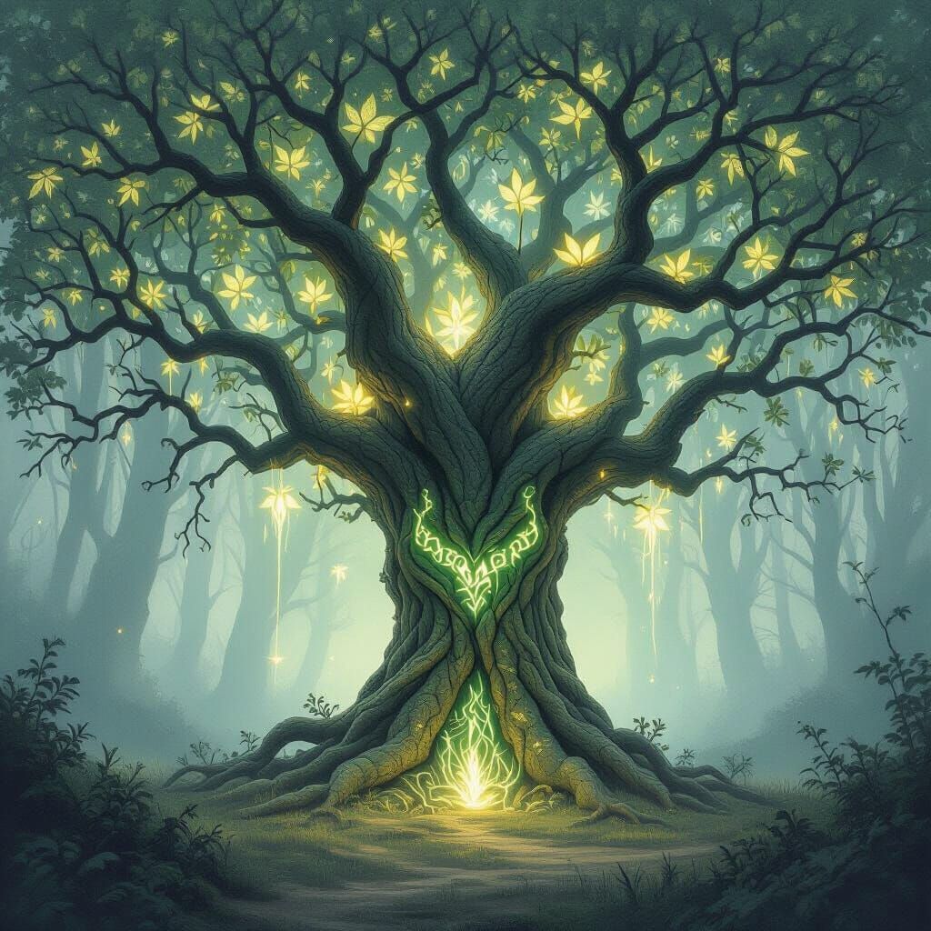 Bioluminescent Tree of Life in Misty Forest, Fantasy Art