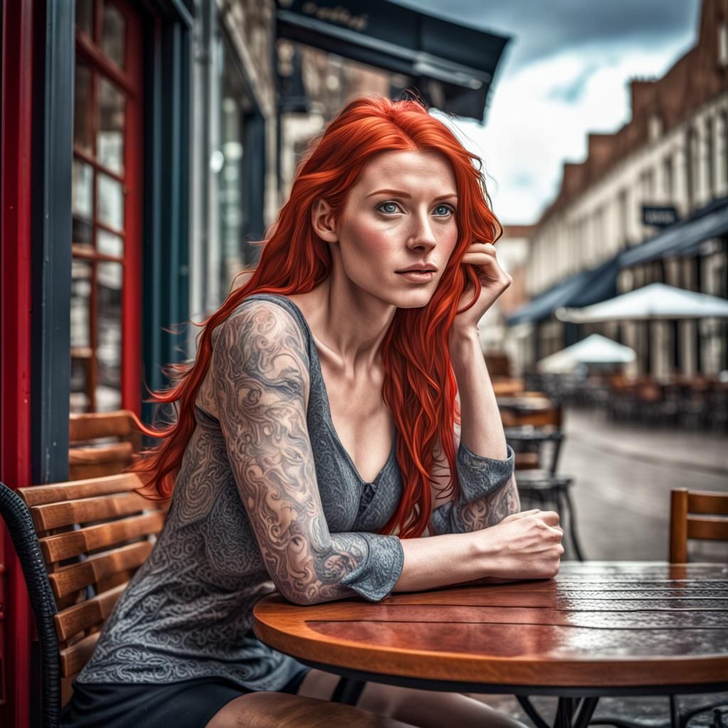 Red-Haired Woman at Cafe: Hyperrealistic Digital Art