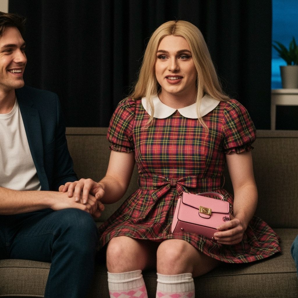 Young Man in Tartan Dress with Pink Accents