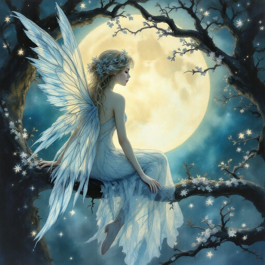 Fairy sitting on a tree branch in the moonlight