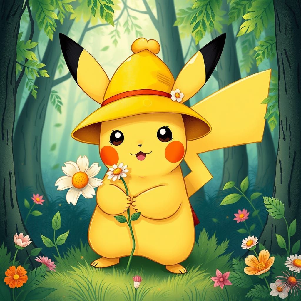 Pikachu in Whimsical Forest Illustration