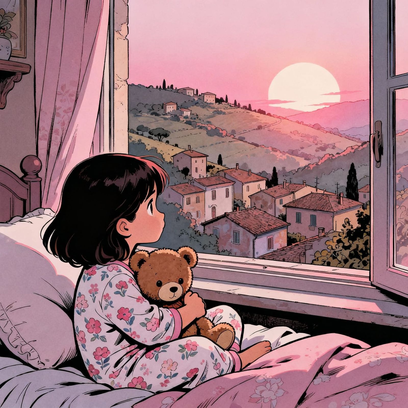 Girl in Pajamas Greets Sunrise Over Italian Village