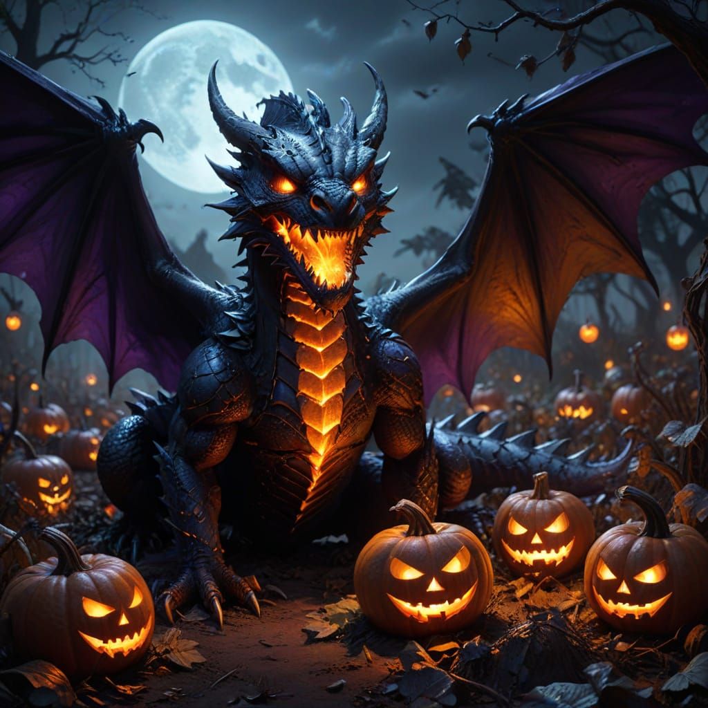 Obsidian Dragon Emerges From Moonlit Pumpkin Patch