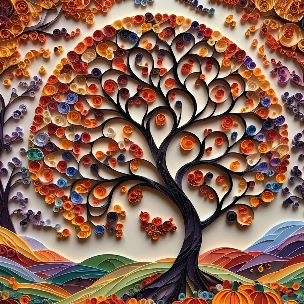 Autumnal Paper Quilling Tree in Golden Light
