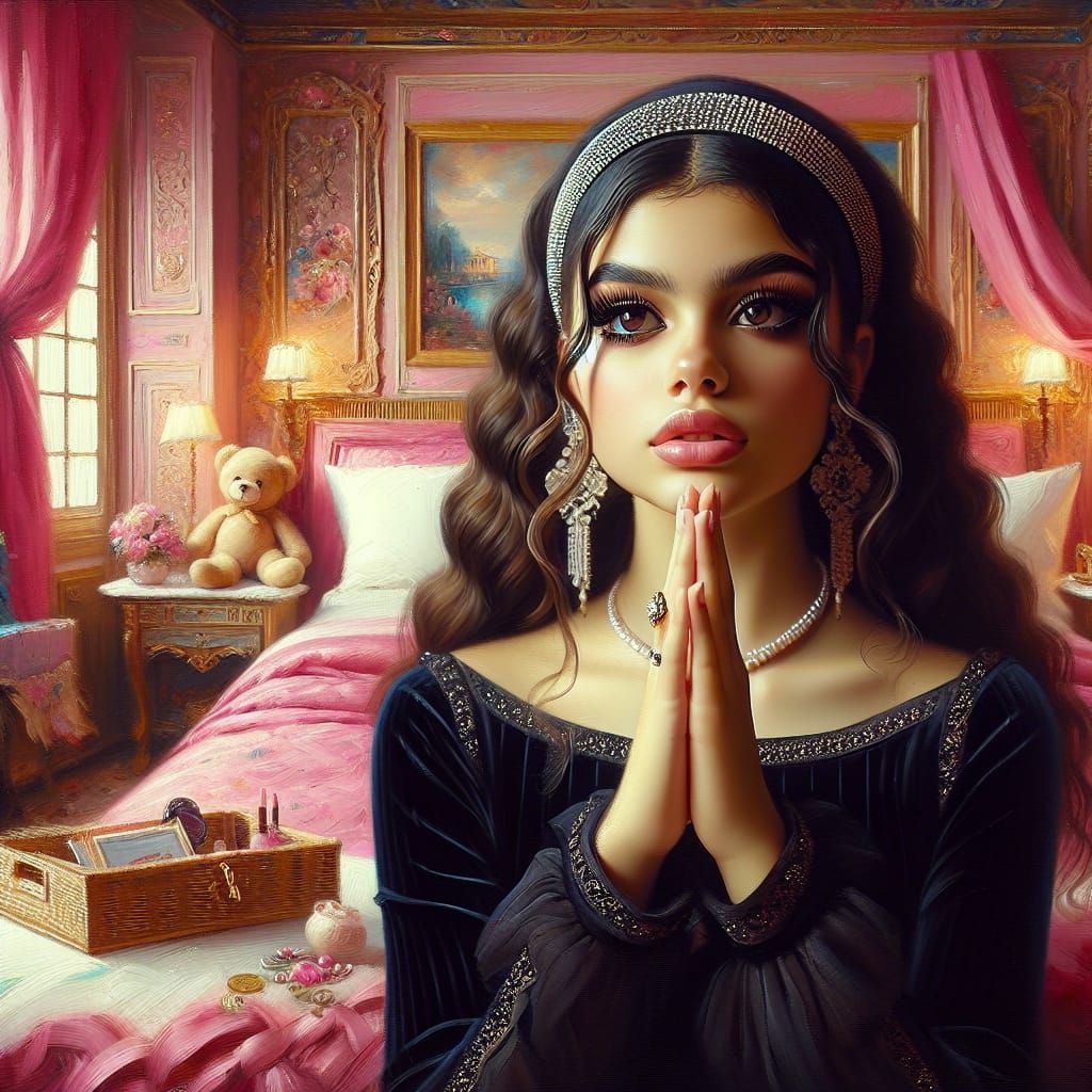 Timeless Oil Painting of Elegant Hispanic Young Lady in Pray...