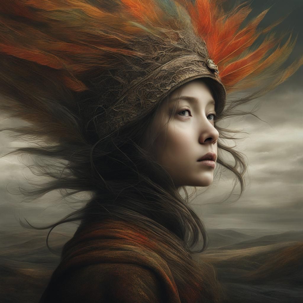 Windswept Woman: Hyperdetailed Mixed-Media Portrait