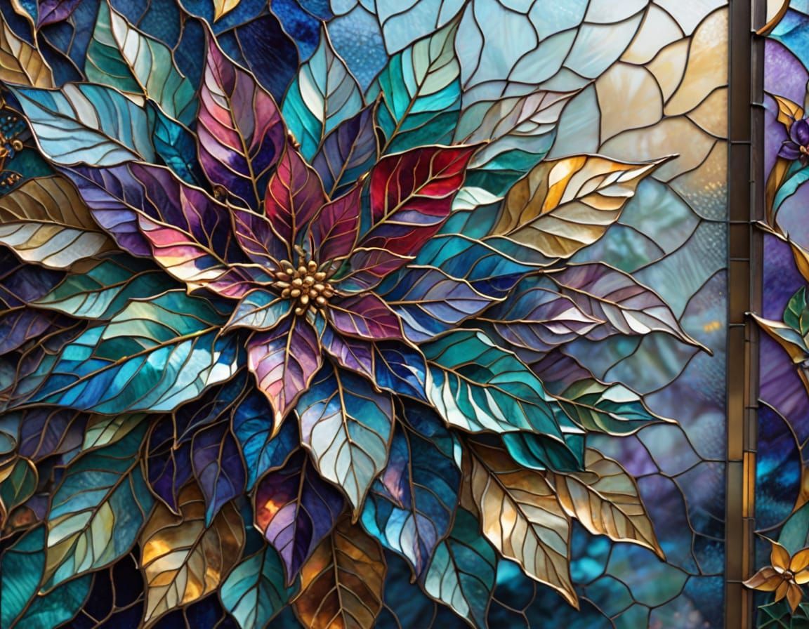 Stained Glass Poinsettia Window in Brilliant Blues and Gold