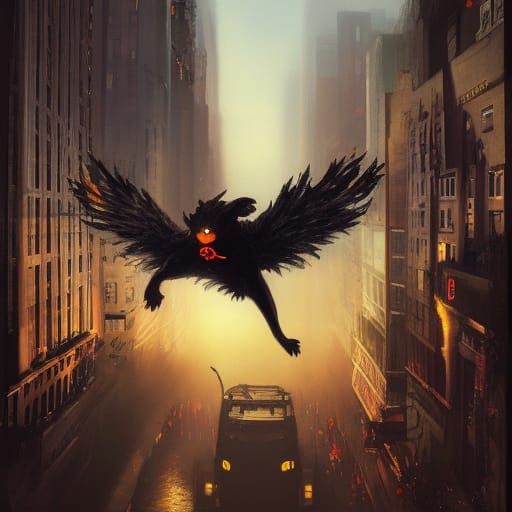 Flying Dog in City, Dark Fantasy Concept Art