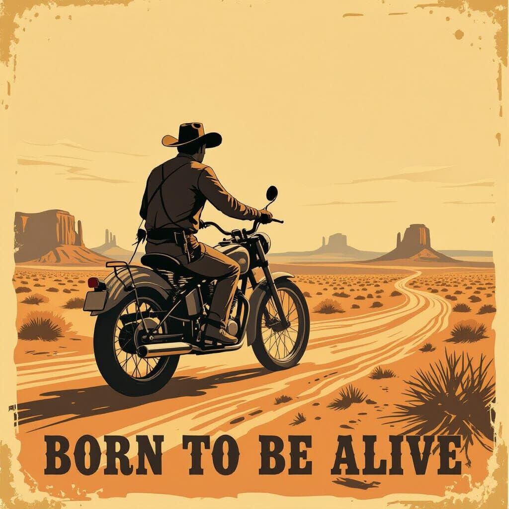 Vintage Cowboy Rides Across Desert: Retro Poster Art