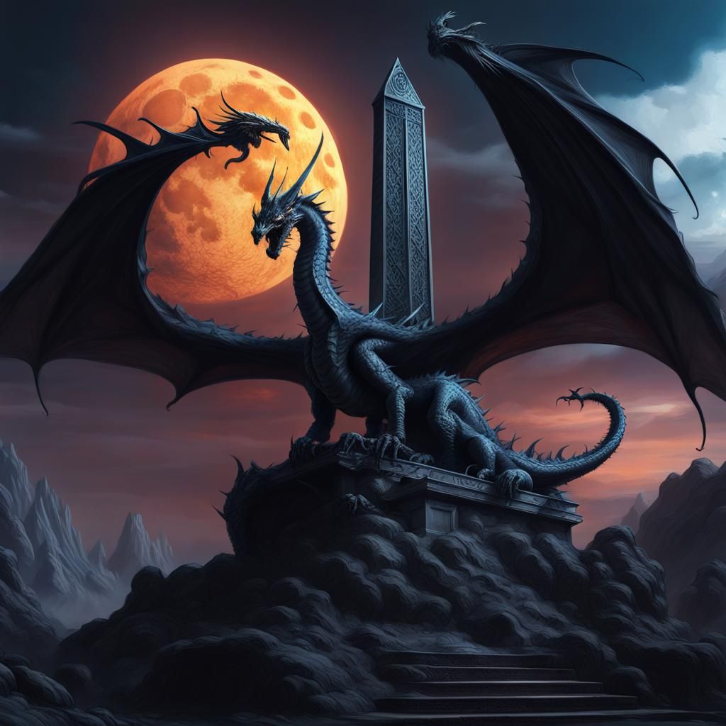 Dragon Obelisk Under Moonlight in Dark Fantasy Style
