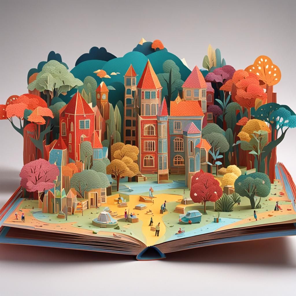 Detailed 3D Pop-Up Book Scene in Vivid Colors