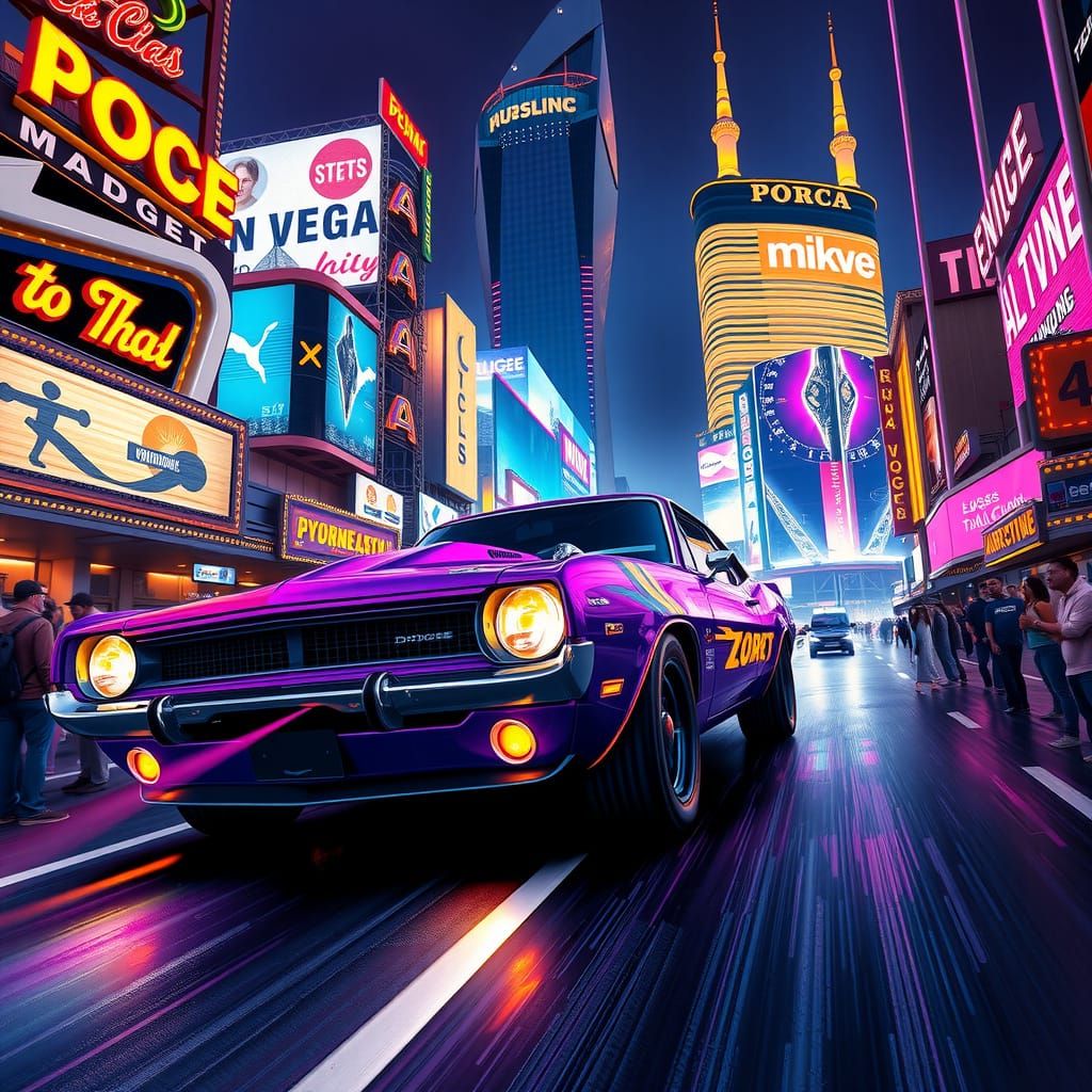 Cyberpunk Muscle Car Speeds Through Neon Las Vegas