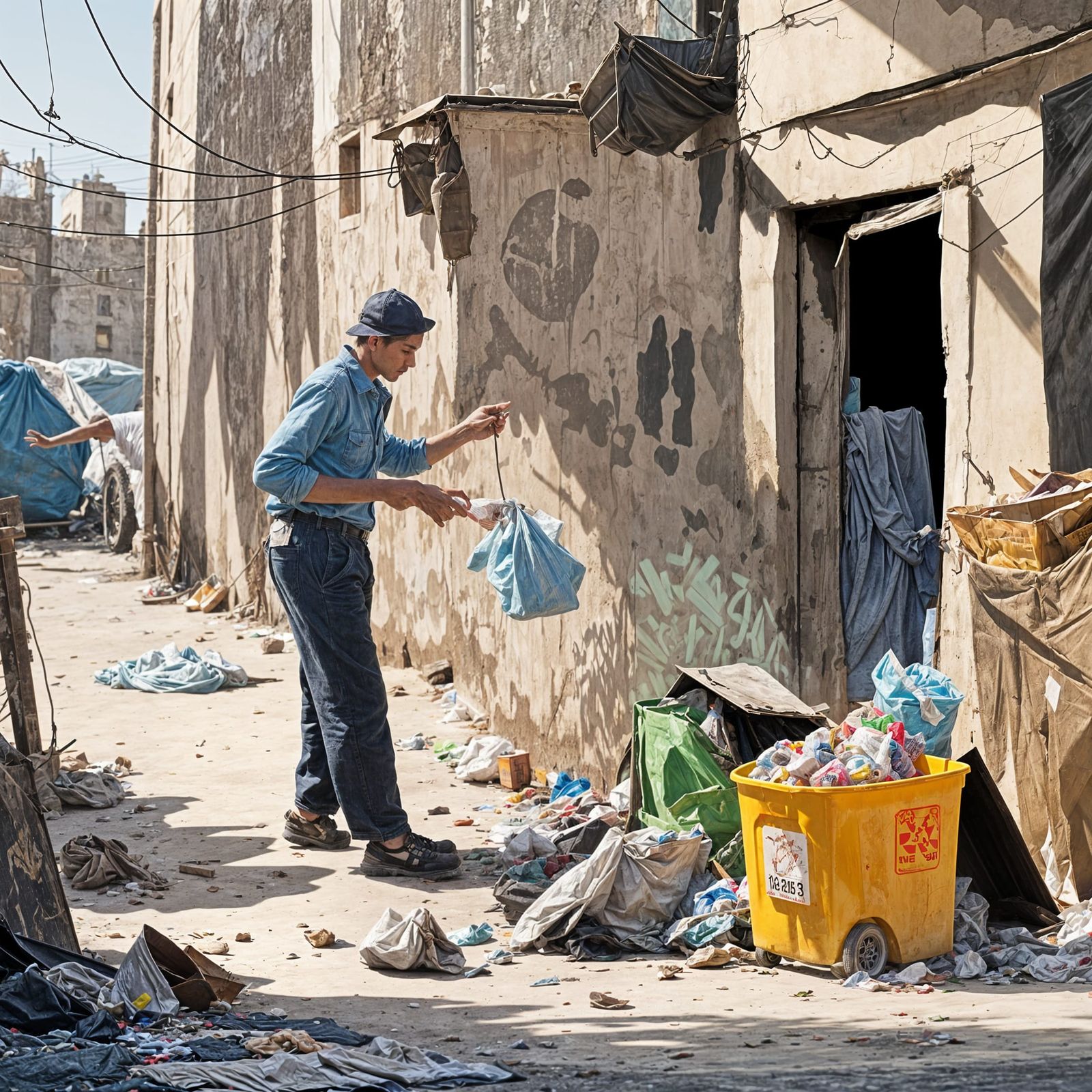 Tramp Rummaging Through Alley Garbage on Sunny Day