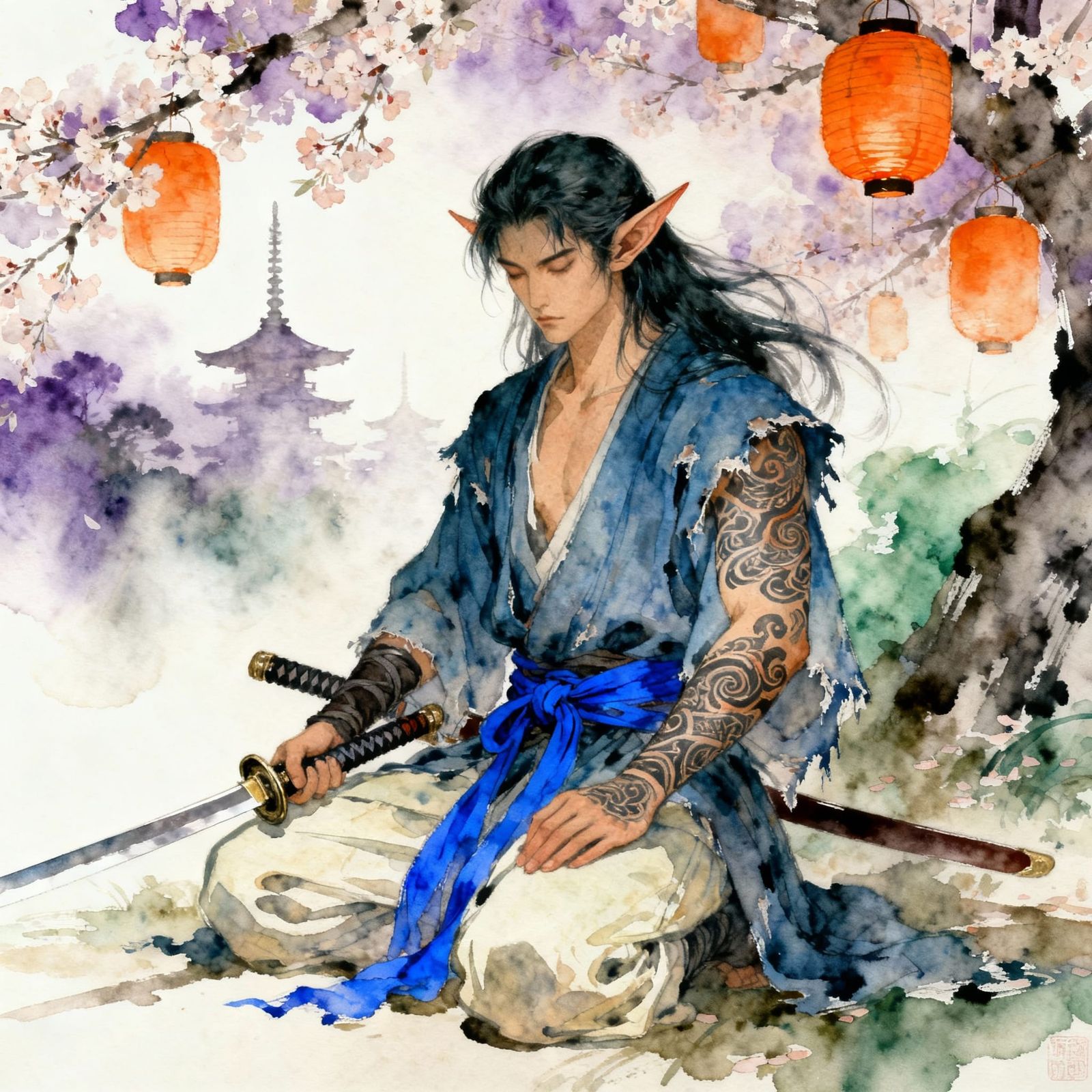 Serene Elven Warrior Kneels with Katana Amidst Cherry Blosso...
