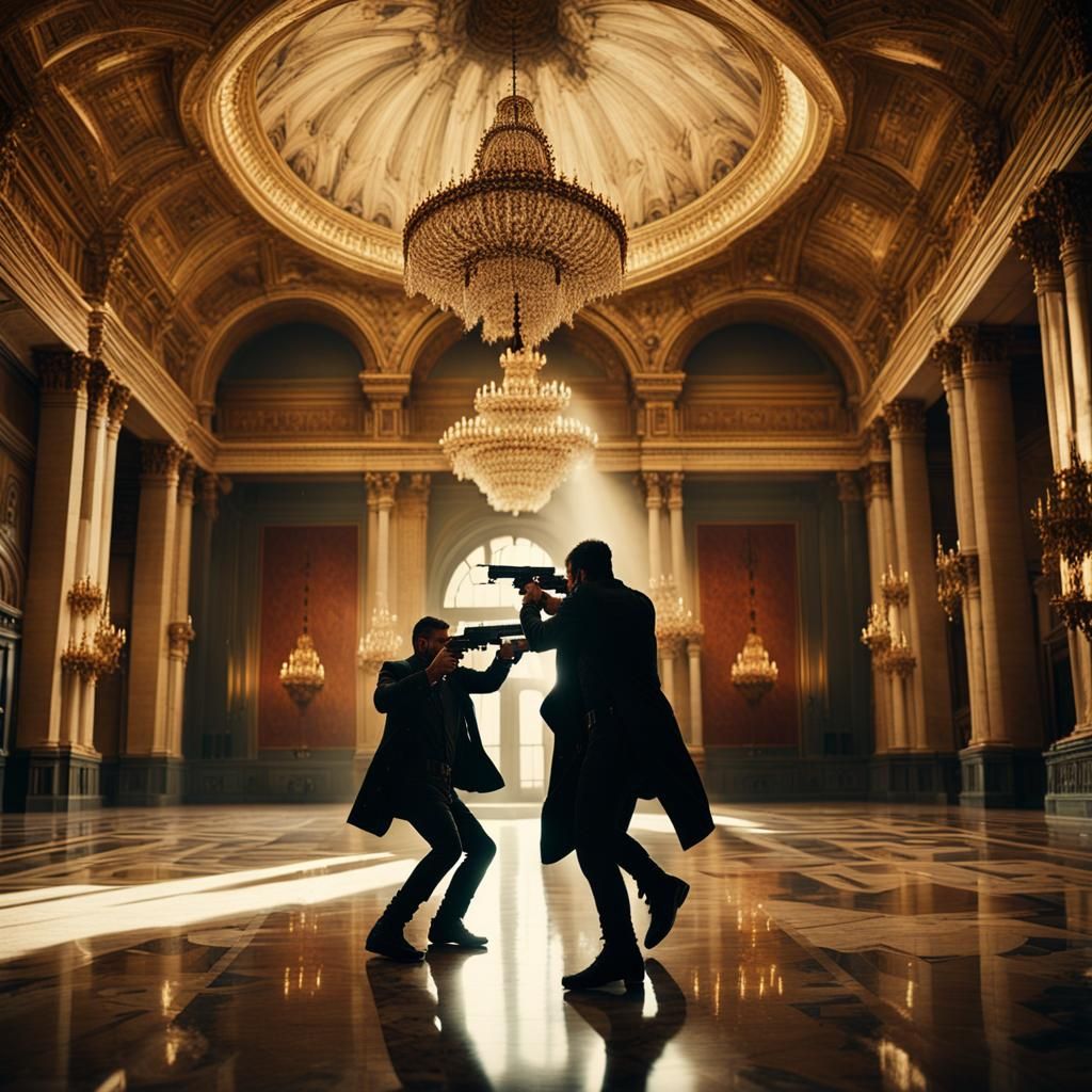 Intense Gunfight in Ornate Hall: Cinematic Film Still