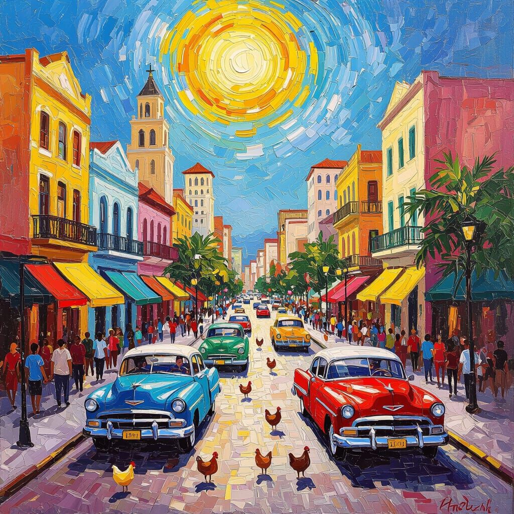 Vibrant Impasto Oil Painting of Little Havana, Miami