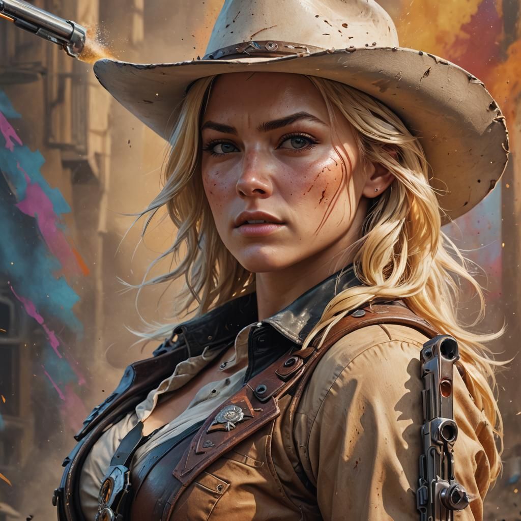 Hyperrealistic Blonde Female Gunslinger Portrait