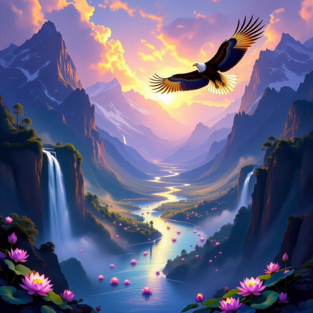 Radiant Valley with Majestic Mountains and Soaring Eagle