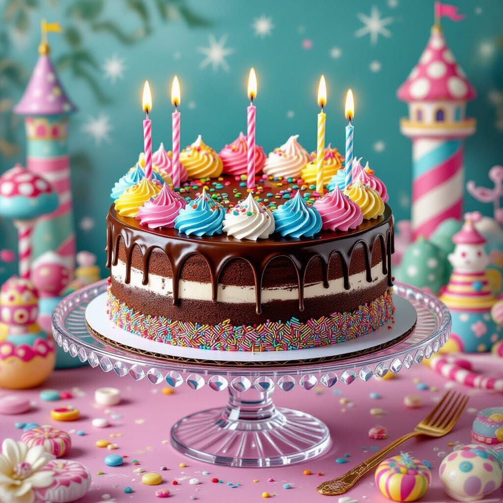 Whimsical Chocolate Birthday Cake in Gouache Style