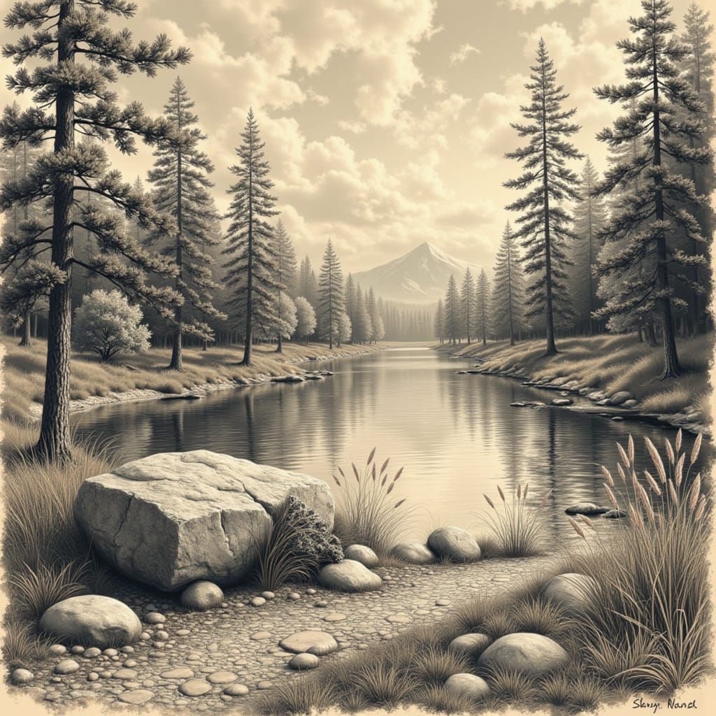 Sepia Pencil Sketch: Lake Among Jack Pines