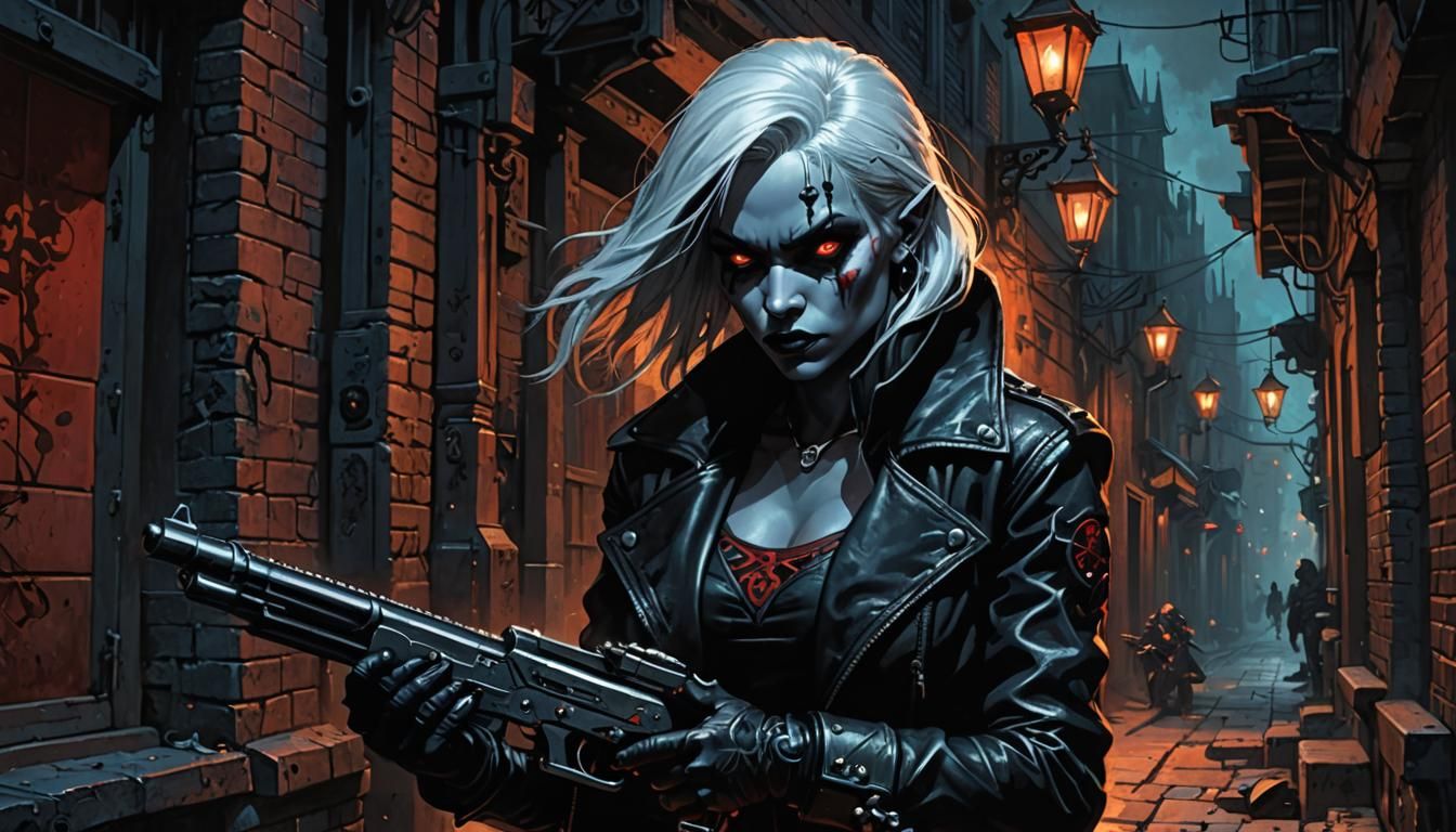 Drow Female Readying Machine Gun in Dark Alley