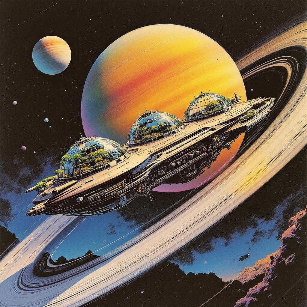 Intergalactic Agro Ship Around Saturn in Retro Sci-Fi Style