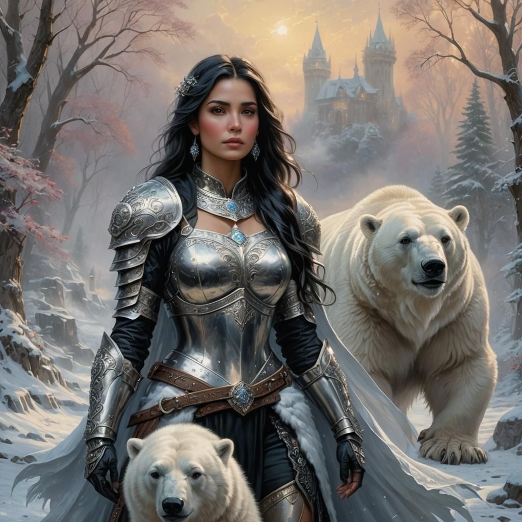 Latina Paladin in Silver Armor with Polar Bear