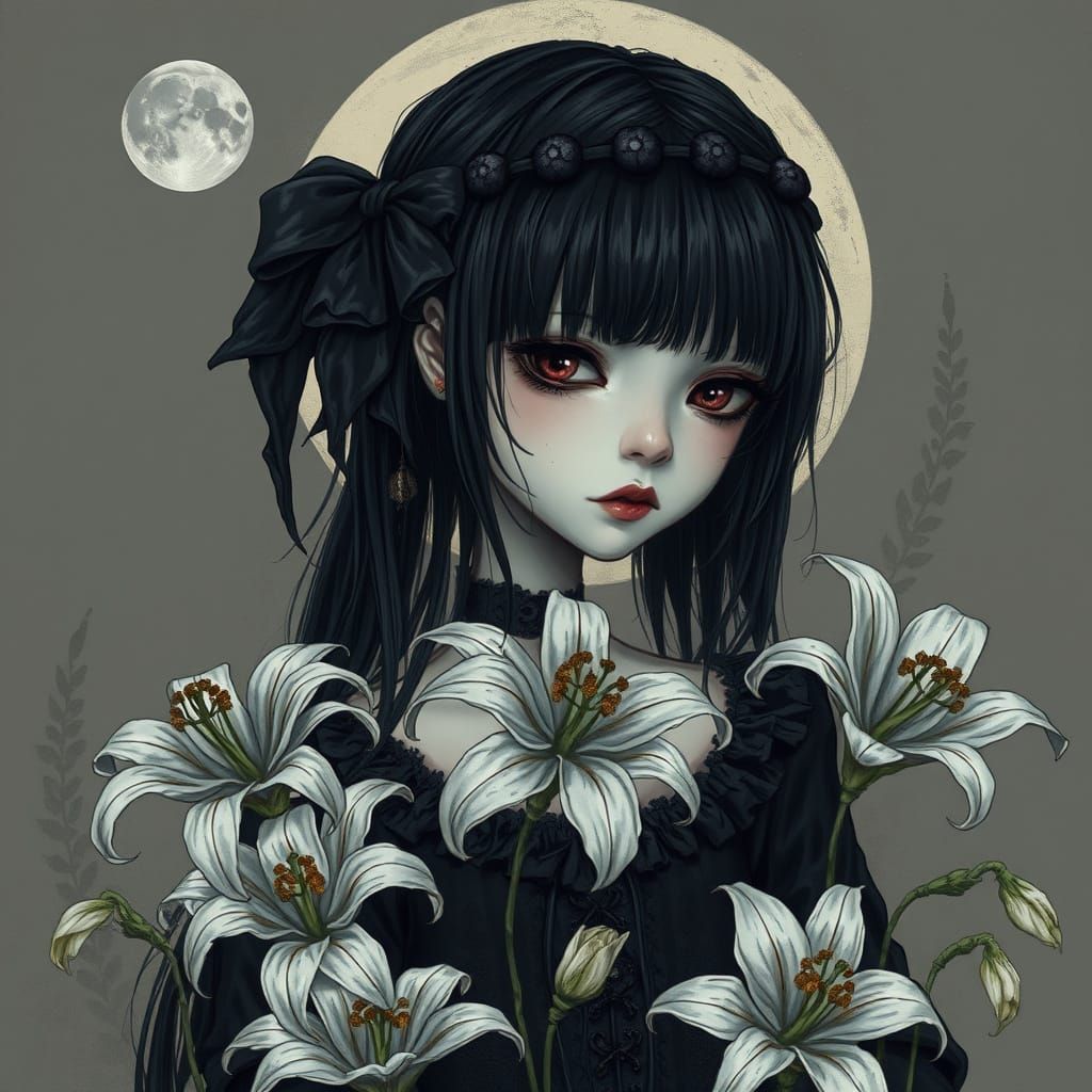 Ethereal Goth Girl Among Lily Flowers in Moonlit Whimsy