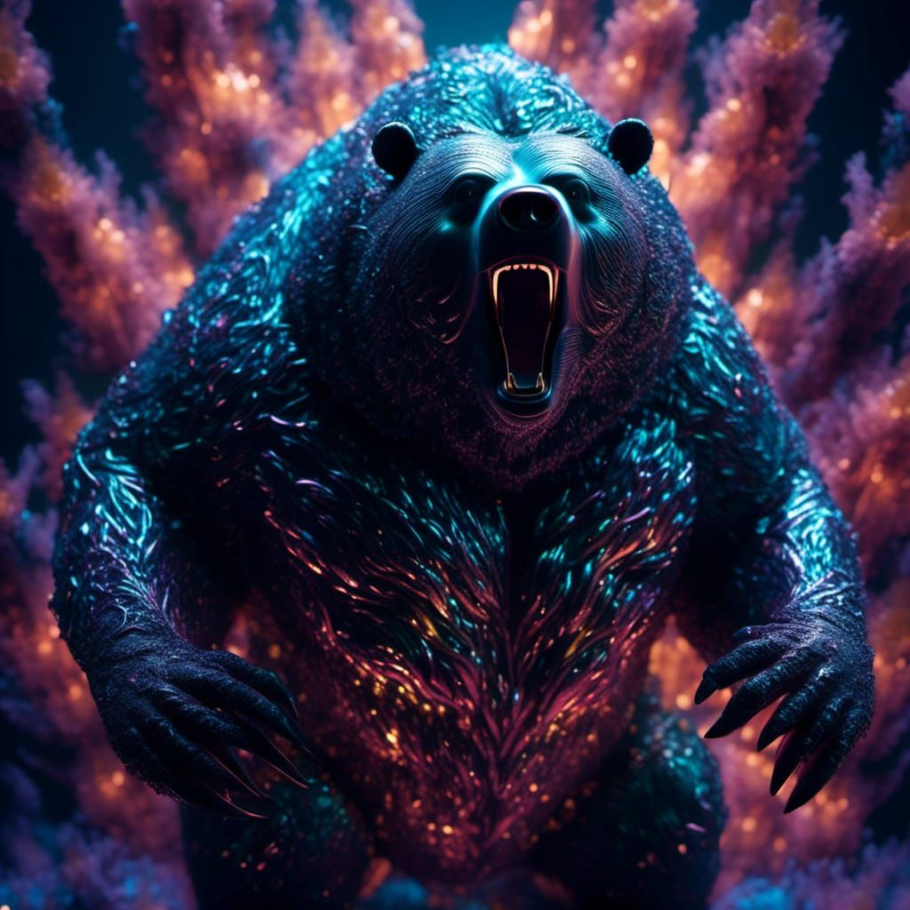 Bioluminescent Bear Portrait in Holographic Smoke