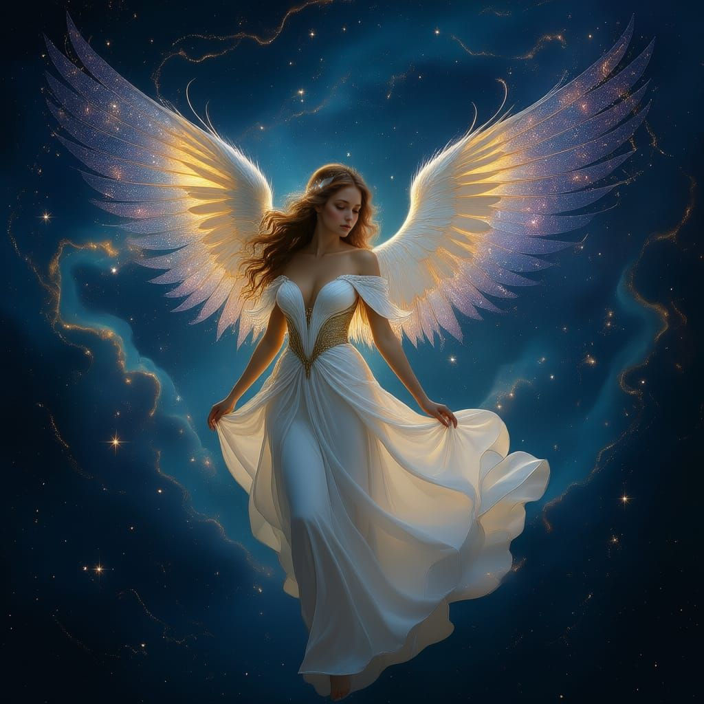 Celestial Angel in Cosmic Stardust Amidst Swirling Nebulae