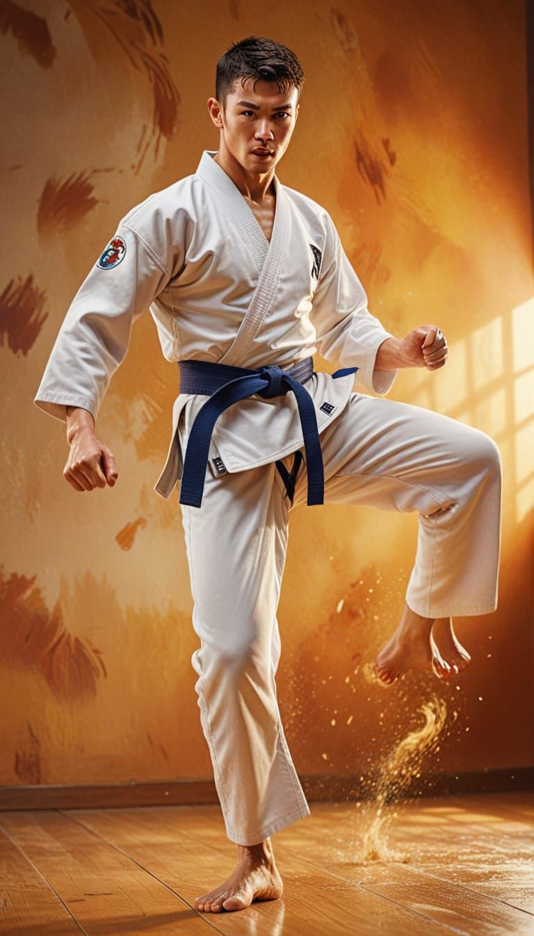 Tae Kwon Do Fighter in Dynamic Kick, Golden Hour Light