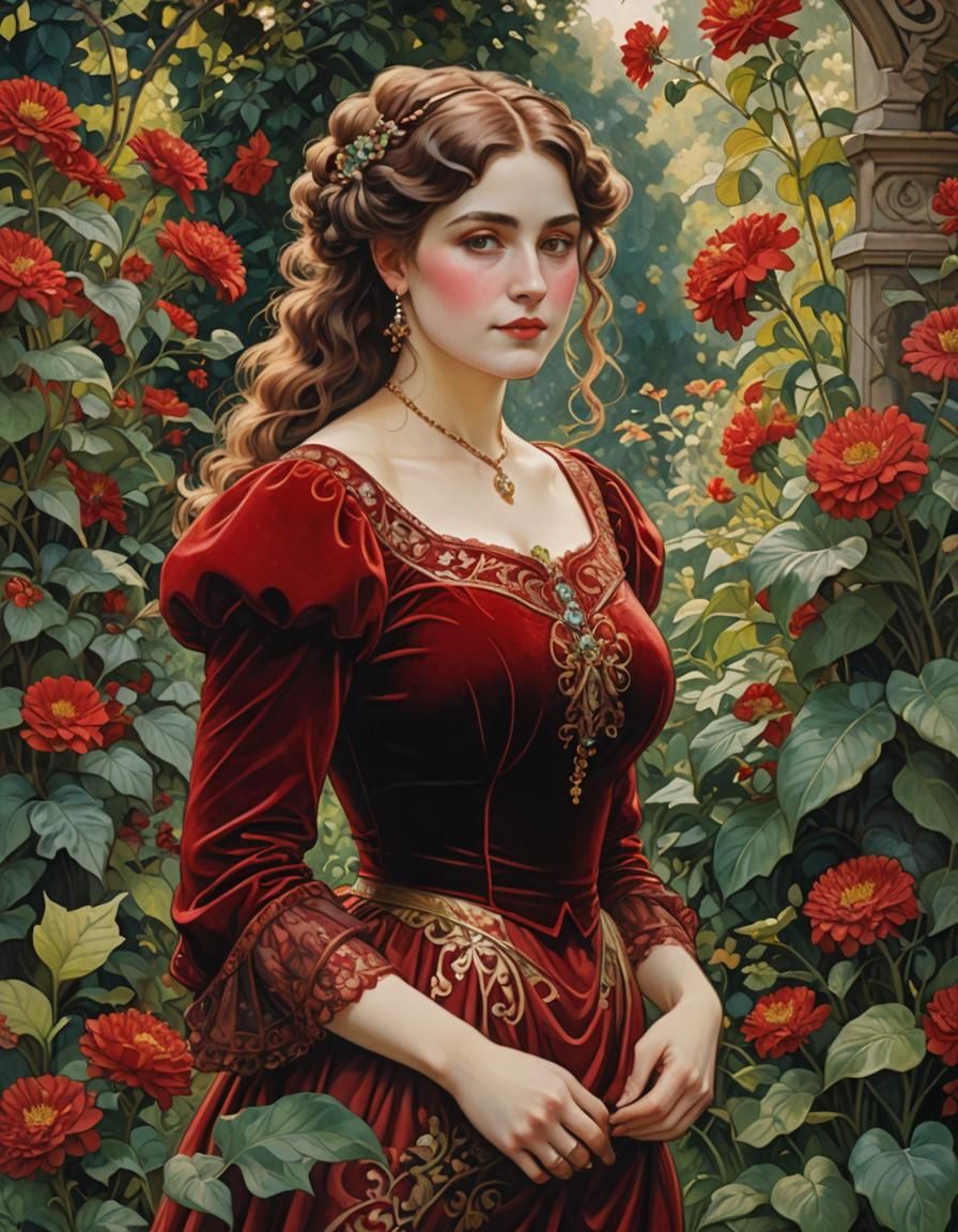 A beautiful curvy young Victorian woman In a red velvet top ...
