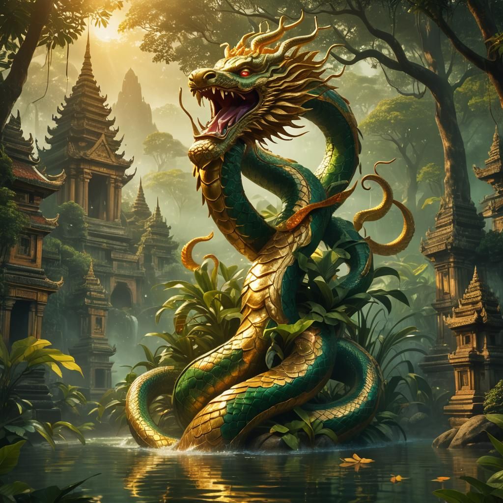 Golden Naga Rises From Temple Waters