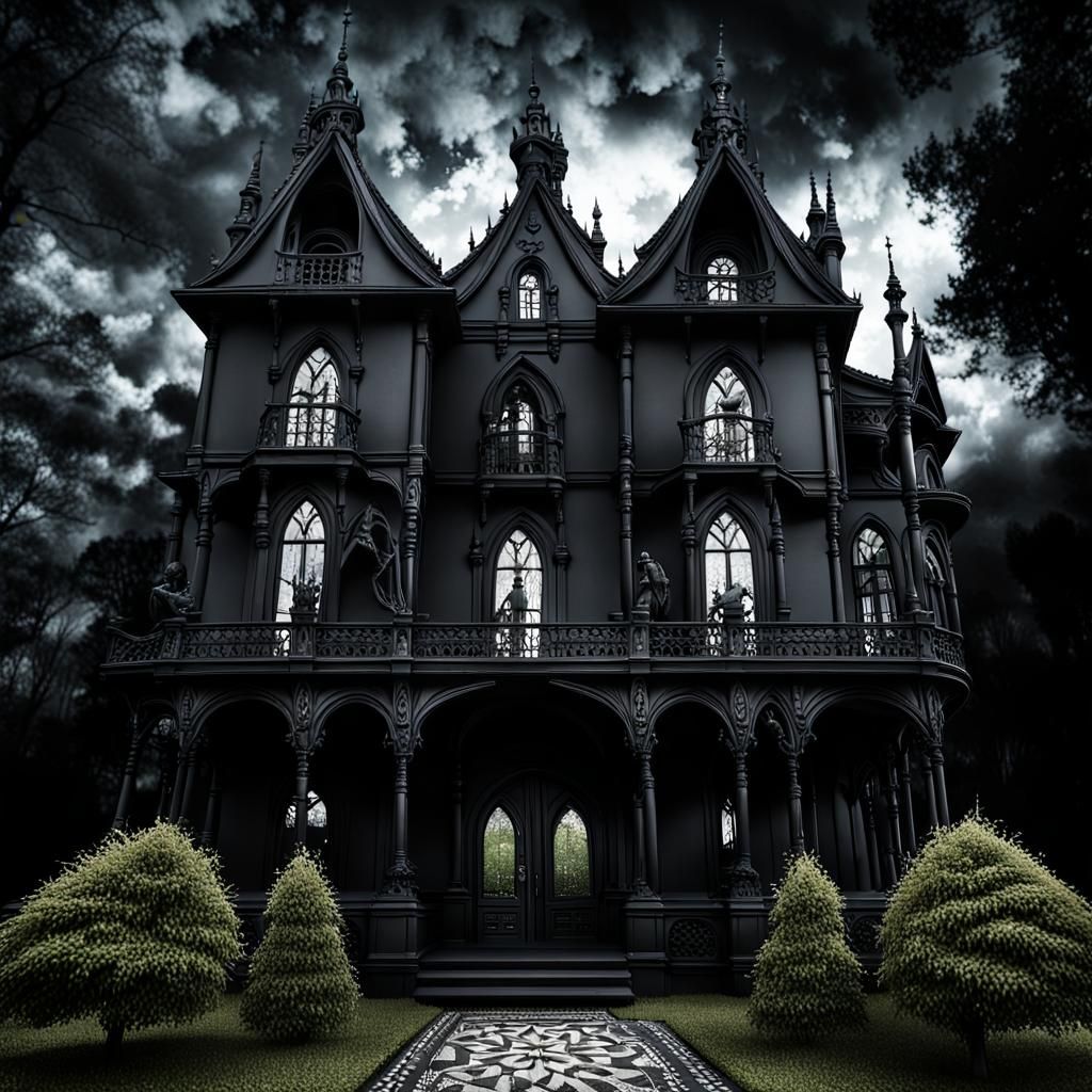 Majestic Black Gothic Mansion Amidst a Lush Park Landscape