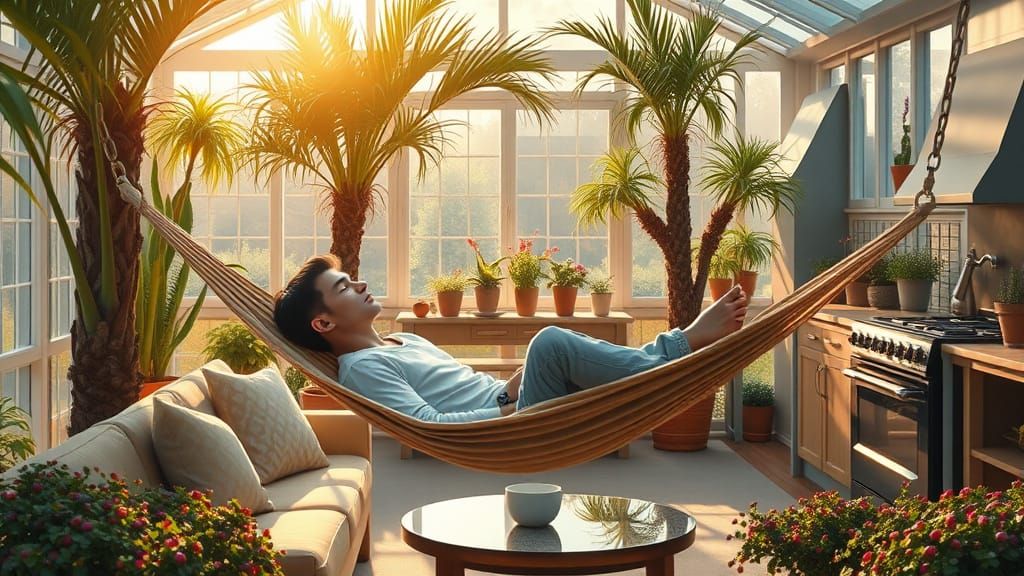 Impressionist Oasis Scene with Hammock and Greenhouse